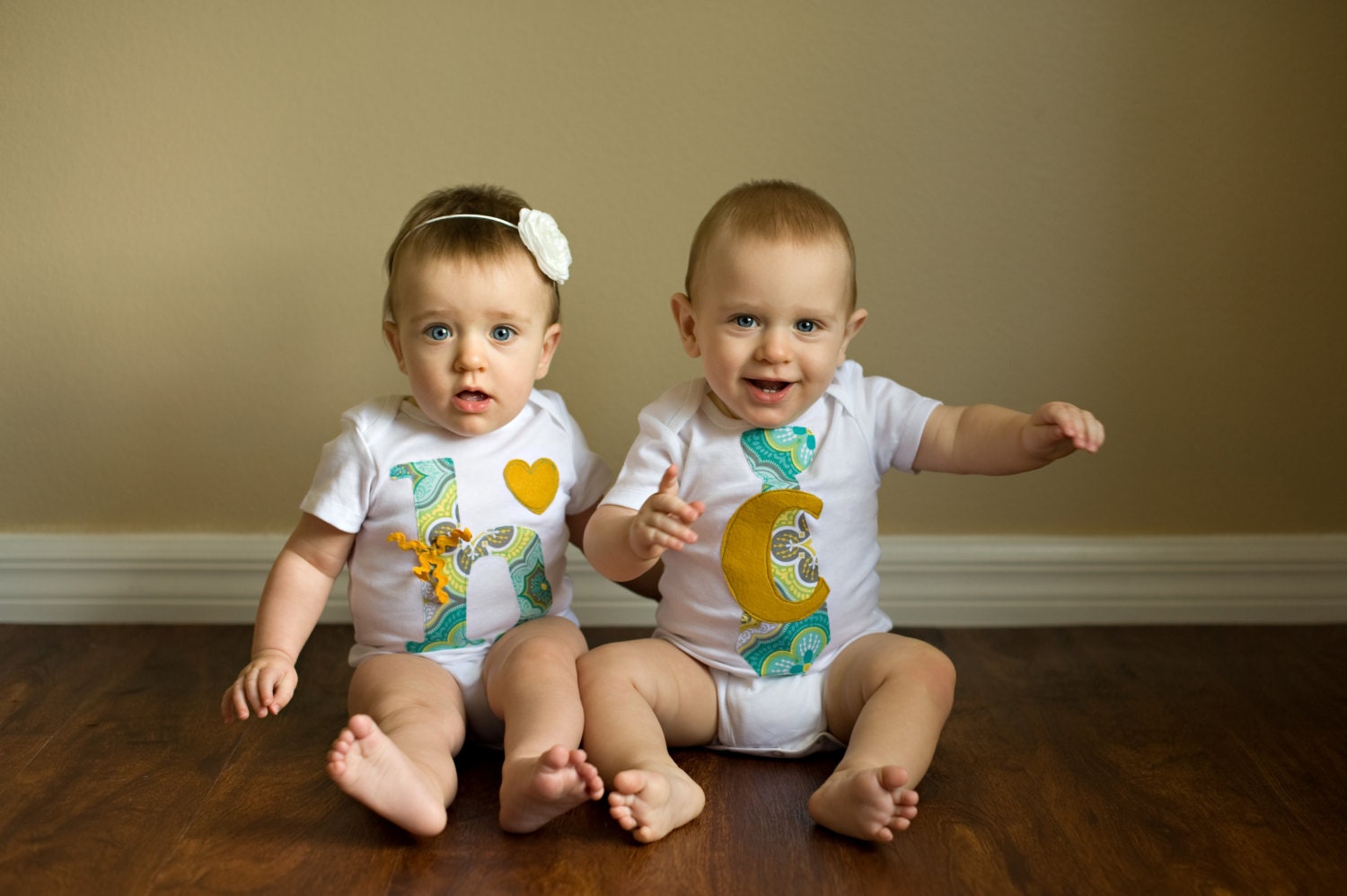 Swanky Baby Twin Girl/Boy Set of two coordinating onesies "The Teal & Mustard Set"