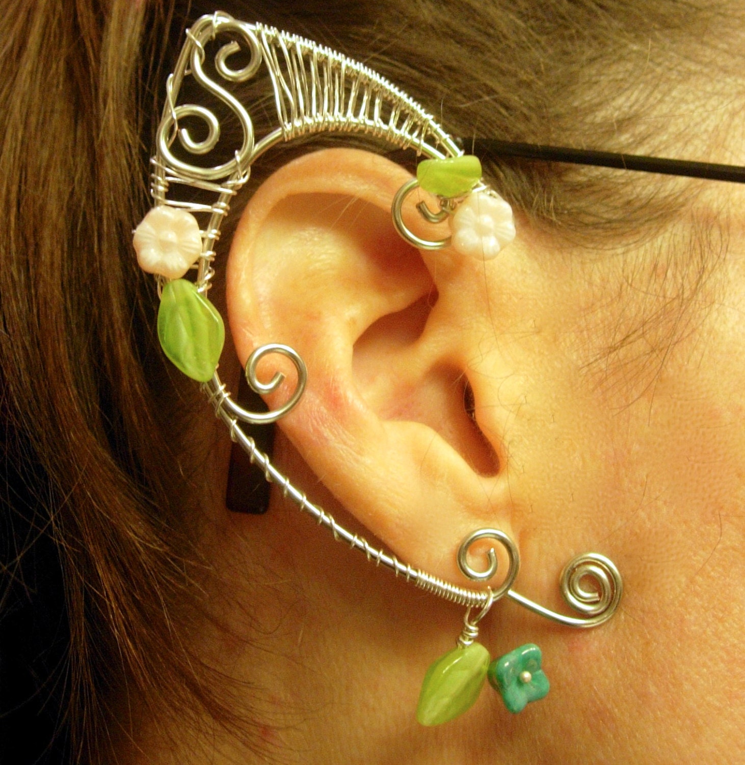 Pair of Silver Woven Wire Spring Elf Ear Cuffs with Czech Glass Flowers and Leaves Renaissance, Elven