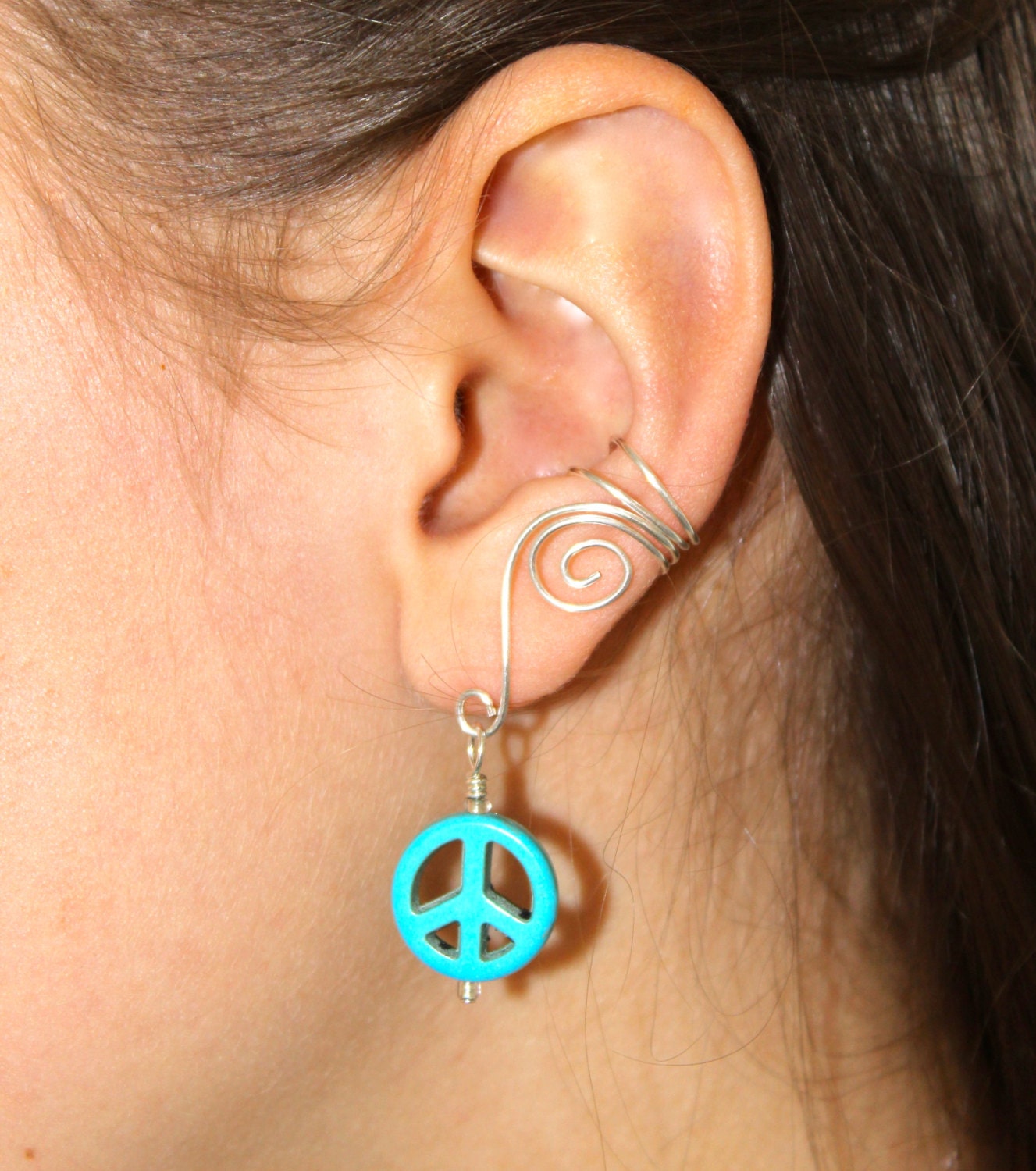 Earcuffs, Ear cuffs, Ear cuff, Earrings Pair of Silver Plated Ear Cuffs with Peace sign beads