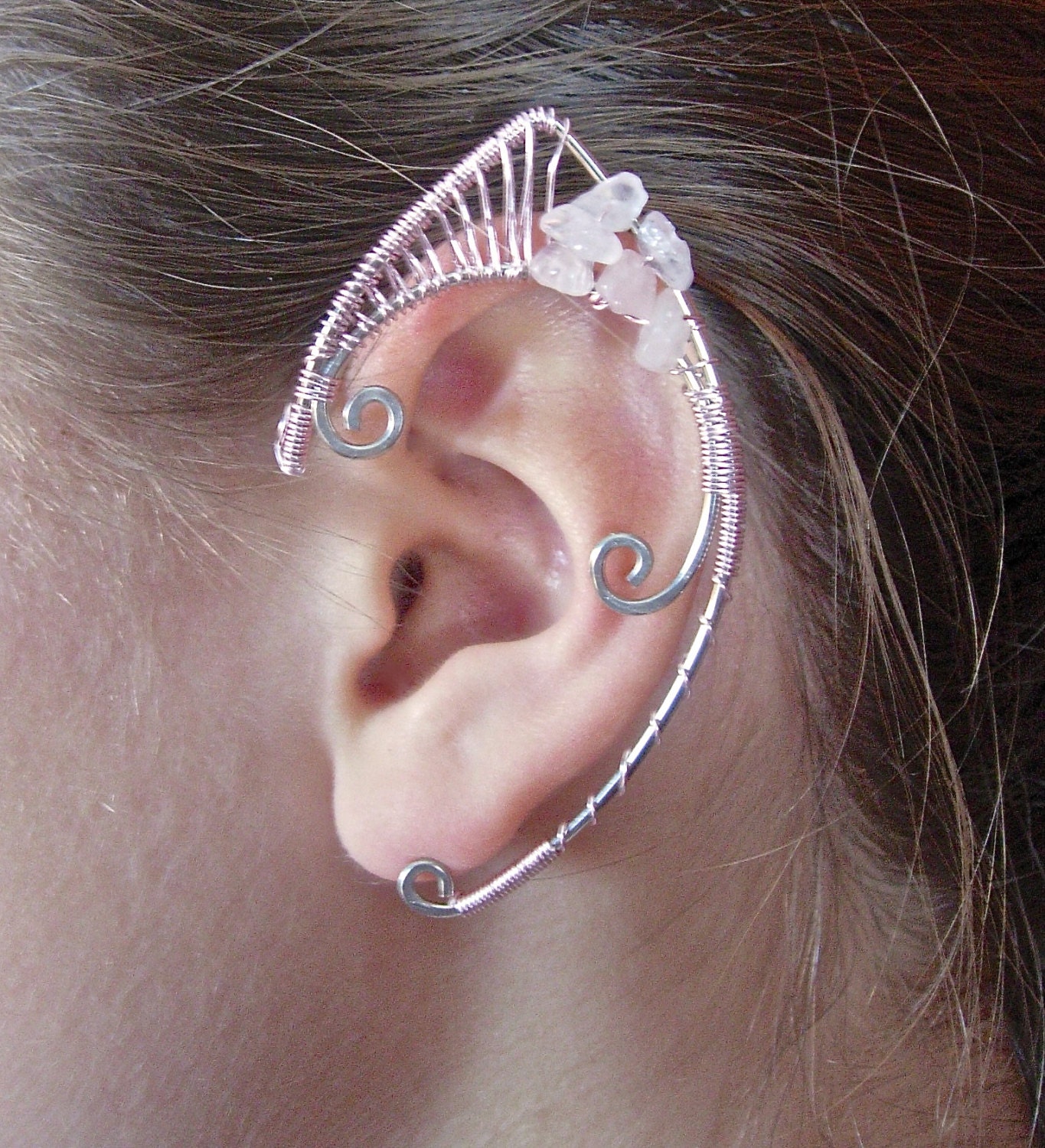 Pair of Elf Ear Cuffs with Genuine Rose Quartz, Renaissance, Elven