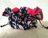 Drawstring Jewelry Pouch / Travel Bag / Jewelry Organizer / Cosmetic Bag / Fabric Gift Bag / Black and White Design with Red  Inside