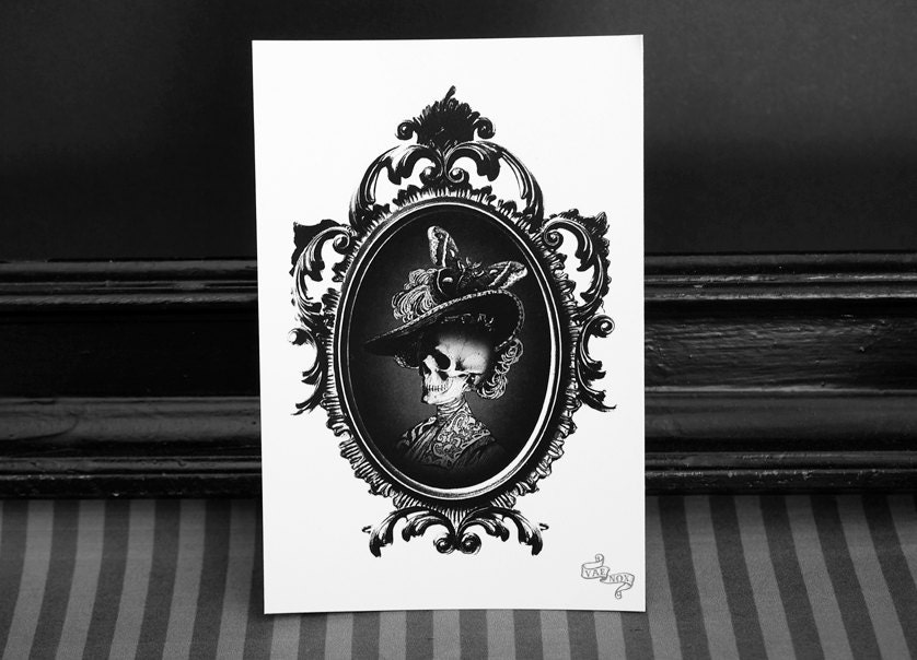 Digital art print card -  Victorian skull lady, digital collage by Vae Nox