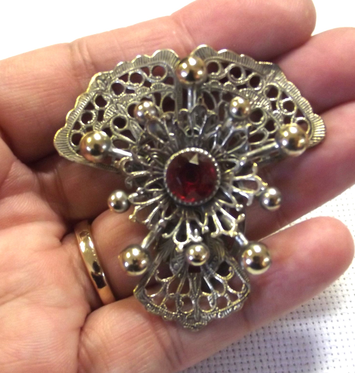 Vintage Dress Clip, Signed Piece, Red Stone, Ornate, Costume Jewelry, Fur Clip
