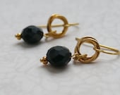 Dangle Gold Earrings with Black Faceted Beads -- Beaded Chainmaille Earrings