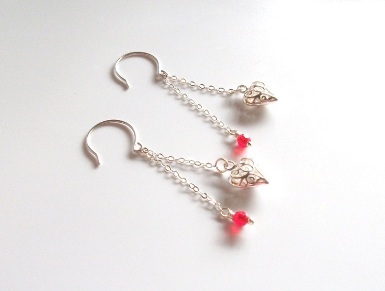 Sterling Silver Filigree Heart Earrings-Ruby, Swarovski crystals, handforged, Valentine's Day