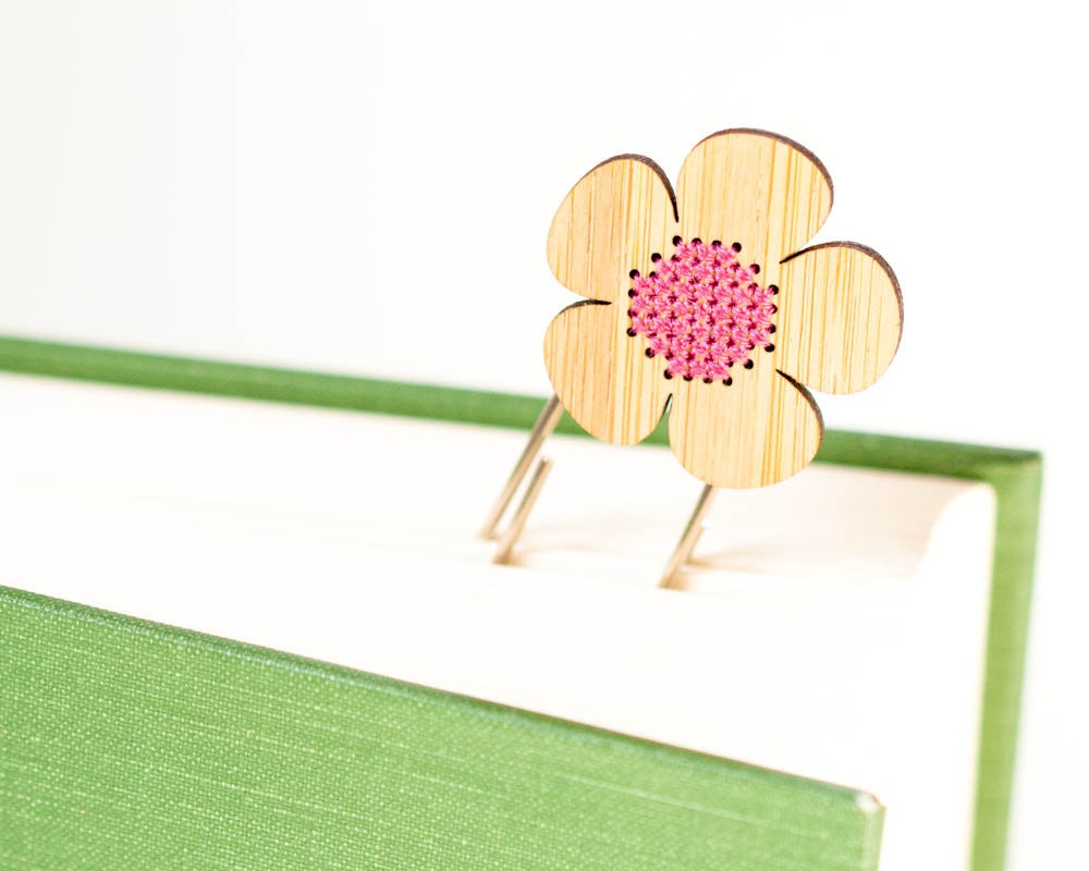 Cross Stitch Kit - Bookmark - Bamboo Flower with Stitched Pink Center