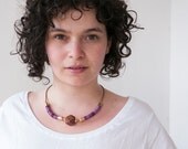 Rope necklace with big wooden bead - cotton necklace dyed purple