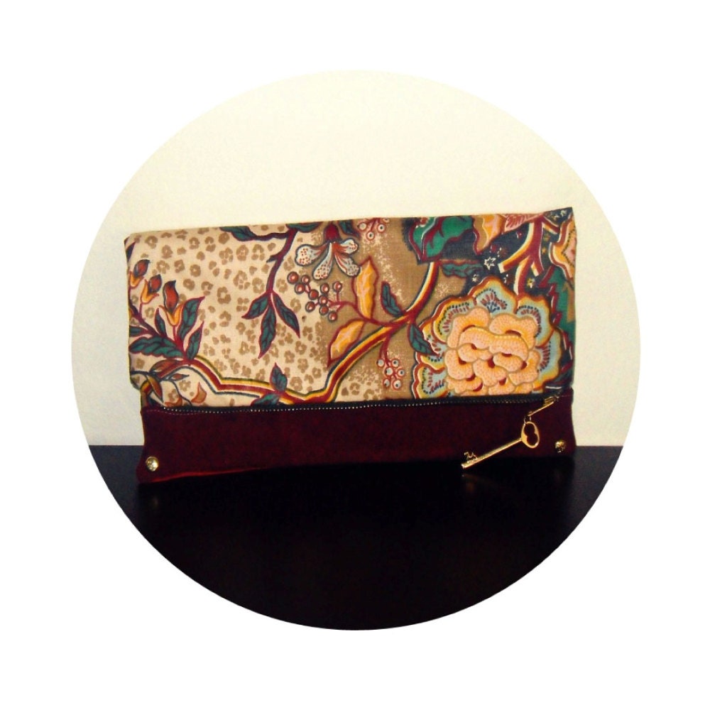 Foldover Clutch Floral Animal Print with Gold Key Zipper Pull Upcycled Bag Unique Two Sided