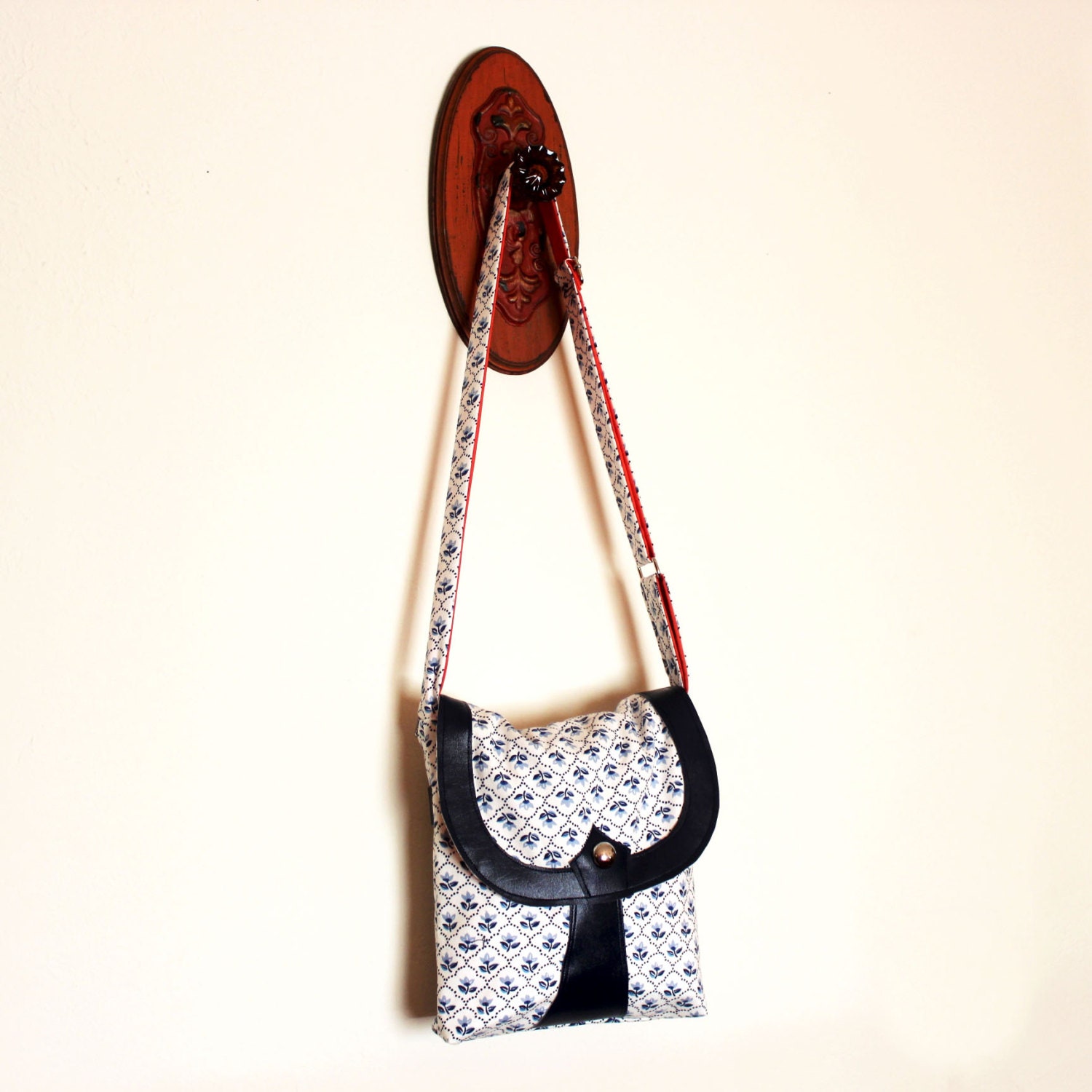 Upcycled Messenger Bag Purse Unique Handmade Navy Blue Coral Floral Scallop Print