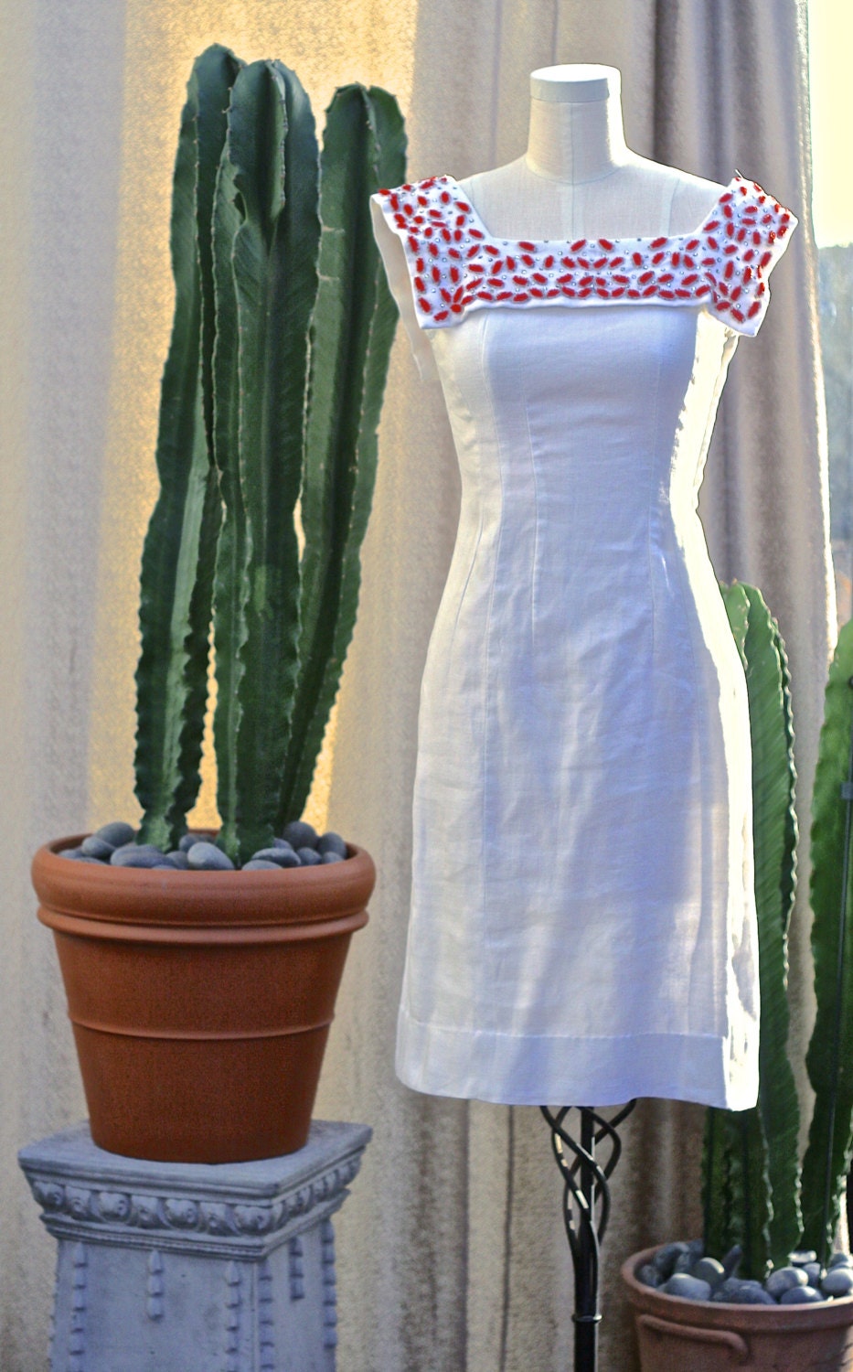 Vintage // 1950s // Tangerine and Titanium // Beaded Shift Dress // Cocktail Dress // Moygashel Irish Linen