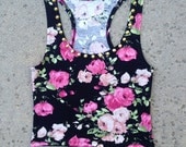 Studded Crop Top Tank - Pink Floral Print -  Gold or Silver Circular Studs -