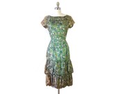 SALE// Green Floral Silk Party Dress with Back Cut-Out, Ruffle Hem 1960