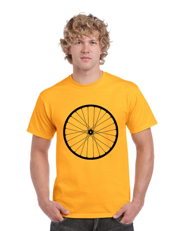 Mens Bike Shirt. Bicycle T Shirt. Bike T Shirt. Wheel T Shirt. Gold yellow. Hand Screen Printed