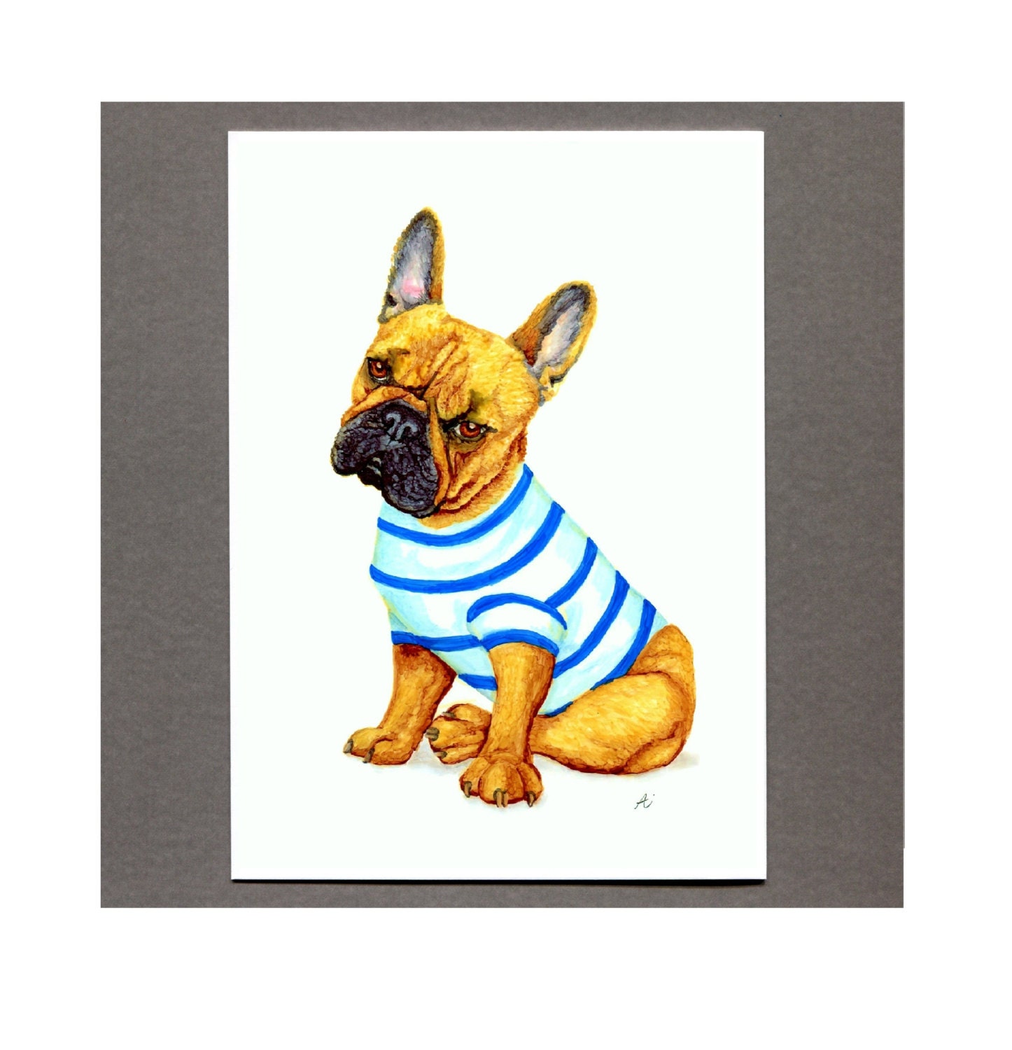 French Bulldog Frameable Greeting Card, Frenchie 5X7 Art Illustration Print
