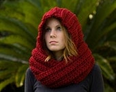 Hooded Scarf, Maroon Scoodie, Red Crochet Hood, Dark Red Scarf