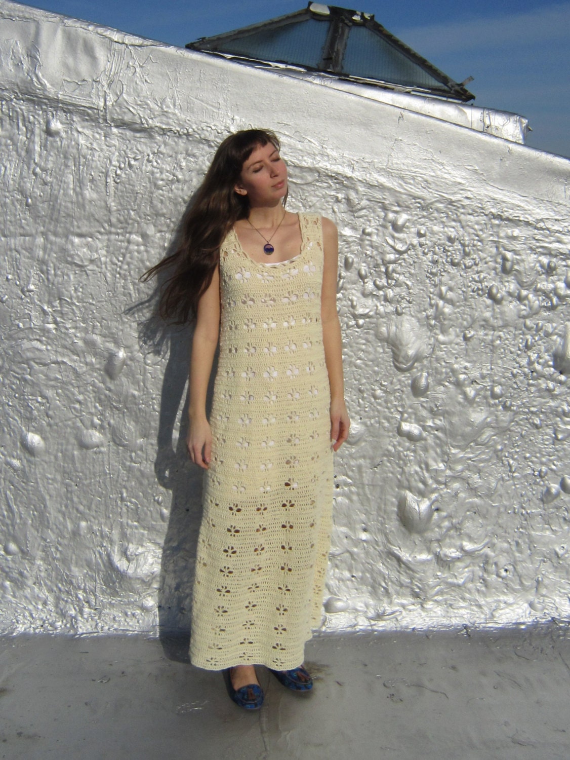 crochet maxi dress, off white, vintage design, long dress with flower design summer spring dress