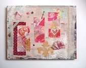 Shabby Chic Original Mixed Media Collage, 14x18, Pink Heart Painting, Peach, Mint Green