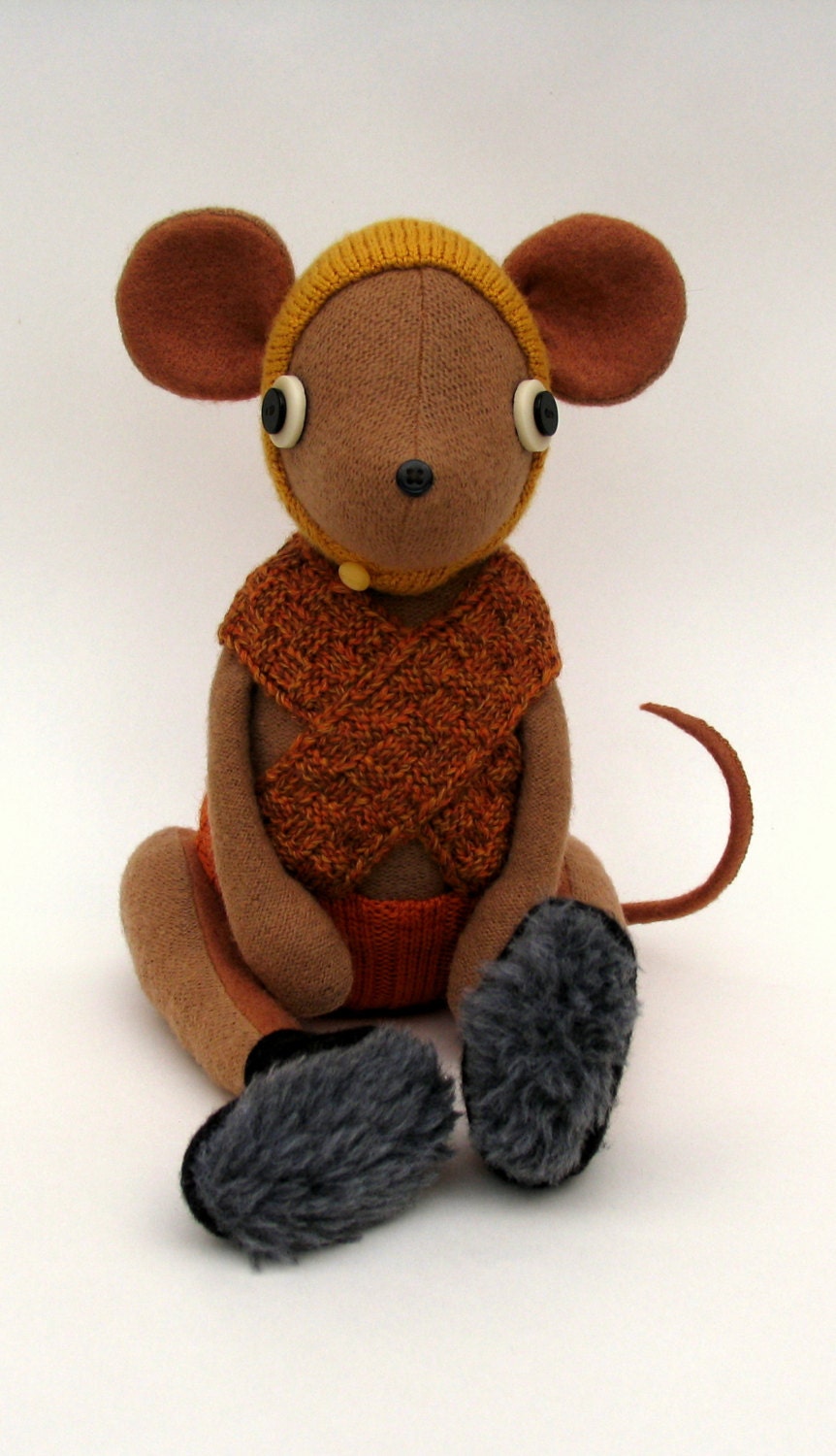 Woollen Mouse - Handmade plush sculpture - woollen body with felt ears and tail - wearing orange woollen pants, hat and boots.