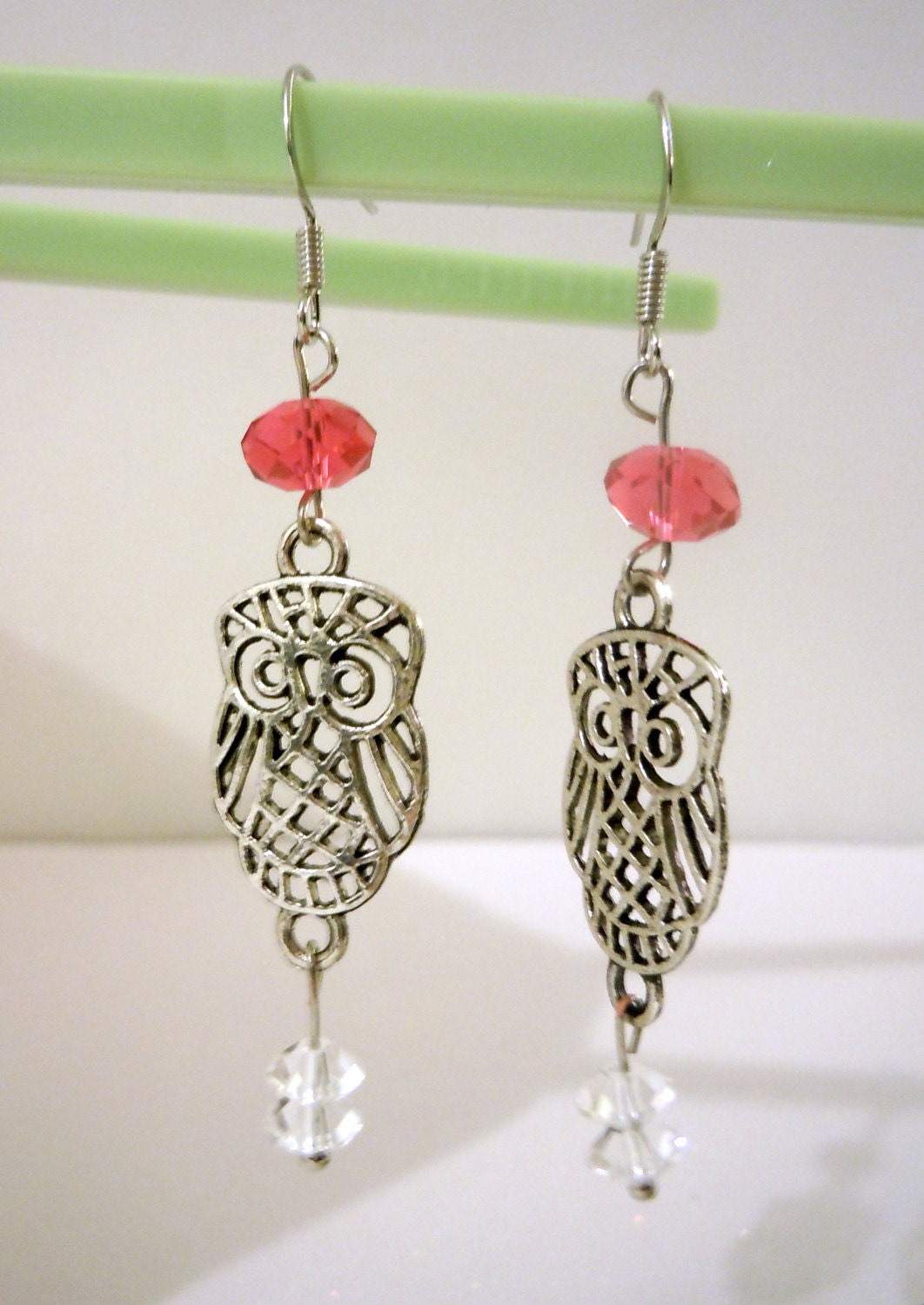 Silver Owl Earrings with Swarovski Crystals-- Pink