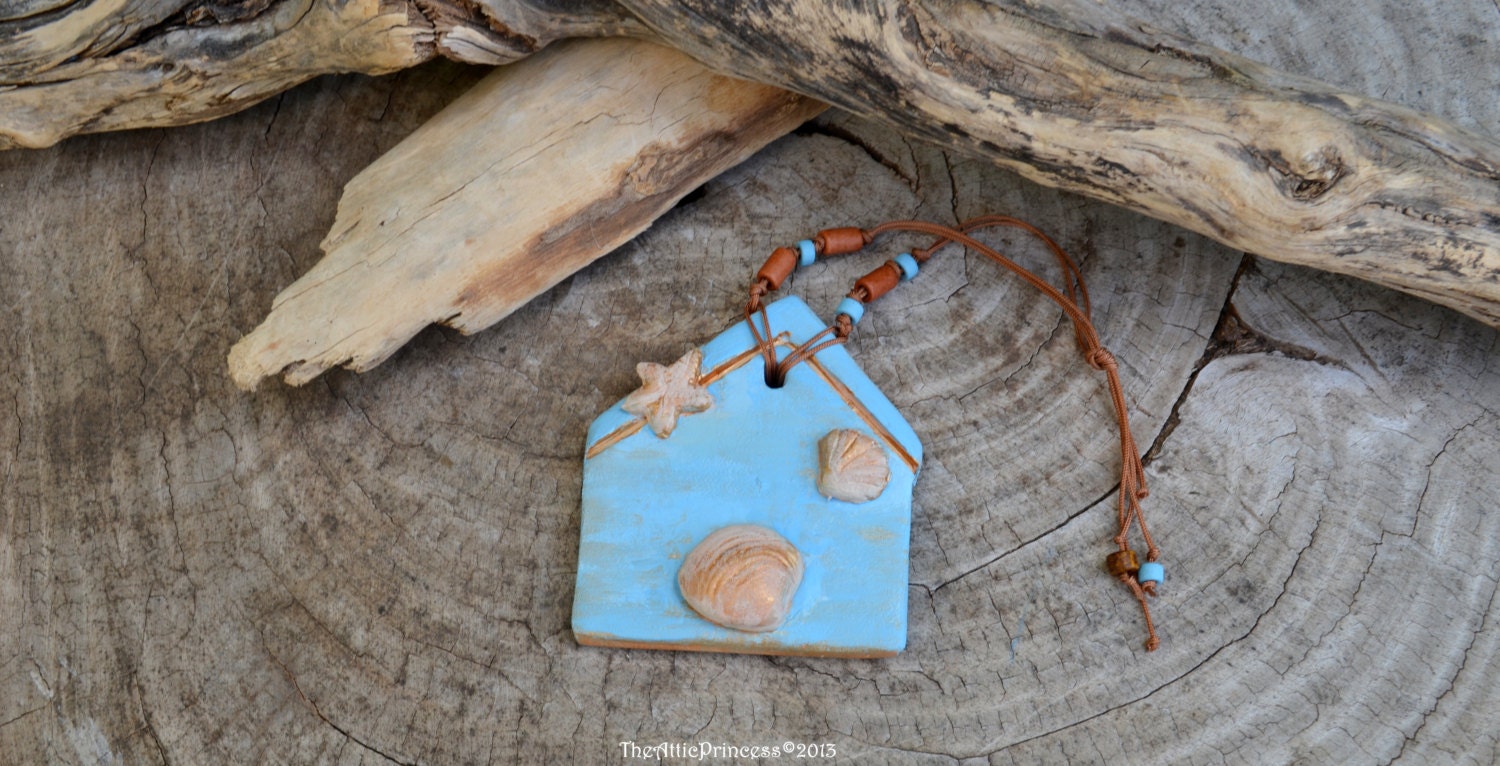 Shabby chic blue beach house hanging ornament, spring summer home decoration