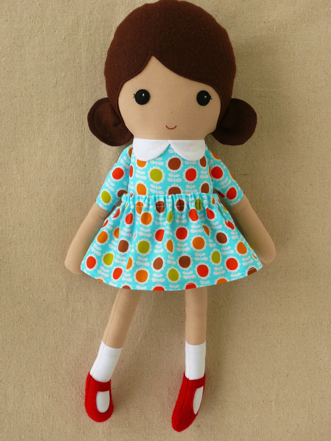 Fabric Doll Rag Doll Girl Doll in Colorful Floral Dress and Red Shoes