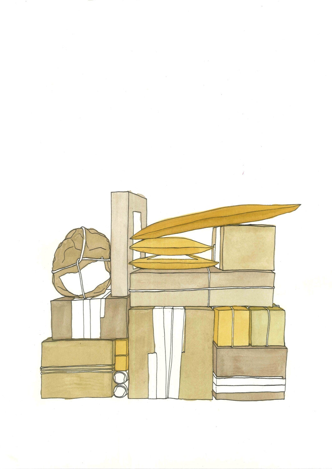October 8, 2012 (Packages) - original ink and watercolor drawing