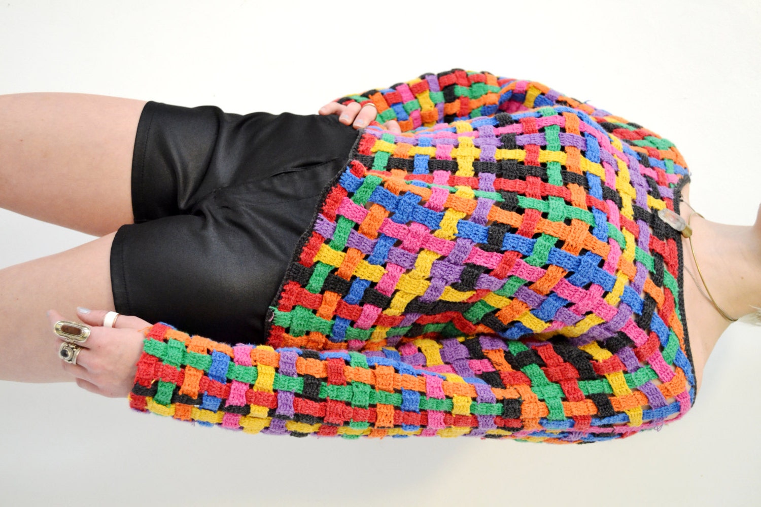 Chunky Rainbow Caged Knit  Woven Cropped Sweater