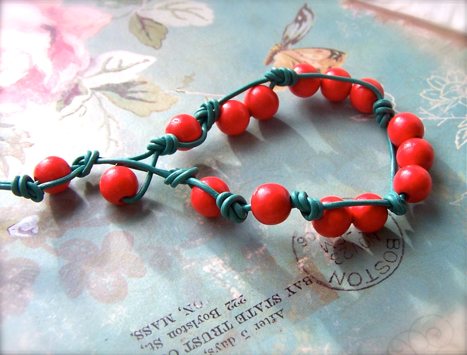 Leather Bracelet, Orange Beaded Bracelet with Green Knotted Leather, Wood Beads, Boho Style Friendship, Womens & Girls Fashion