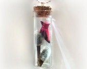 Cardinal and pussy willow branches bottle necklace, bird and tree winter scene vial pendant, nature's treasure