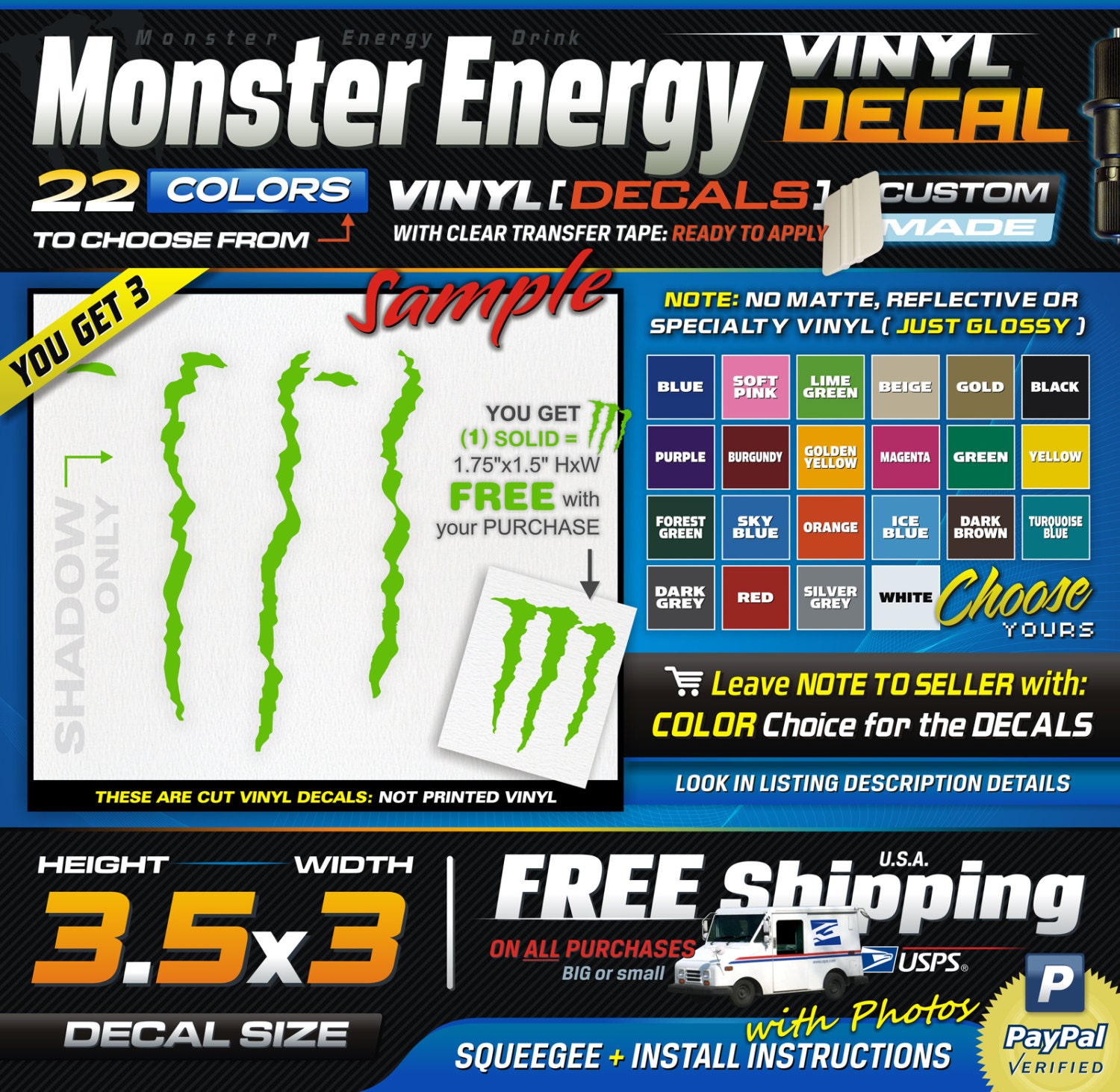 3.5x3 (3) Monster M Shadow Energy Drink Vinyl Decal 1 Color