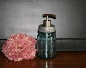 Blue Mason Jar Soap Dispenser with Metal Stainless Flat Nose Pump - Blue PINT Jar Lotion Bottle - Ball Perfect Mason