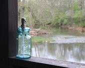 Blue Glass Top Ball Ideal Quart Jar Soap dispenser - Wire Bale Mason Jar with Brushed Stainless Soap Pump