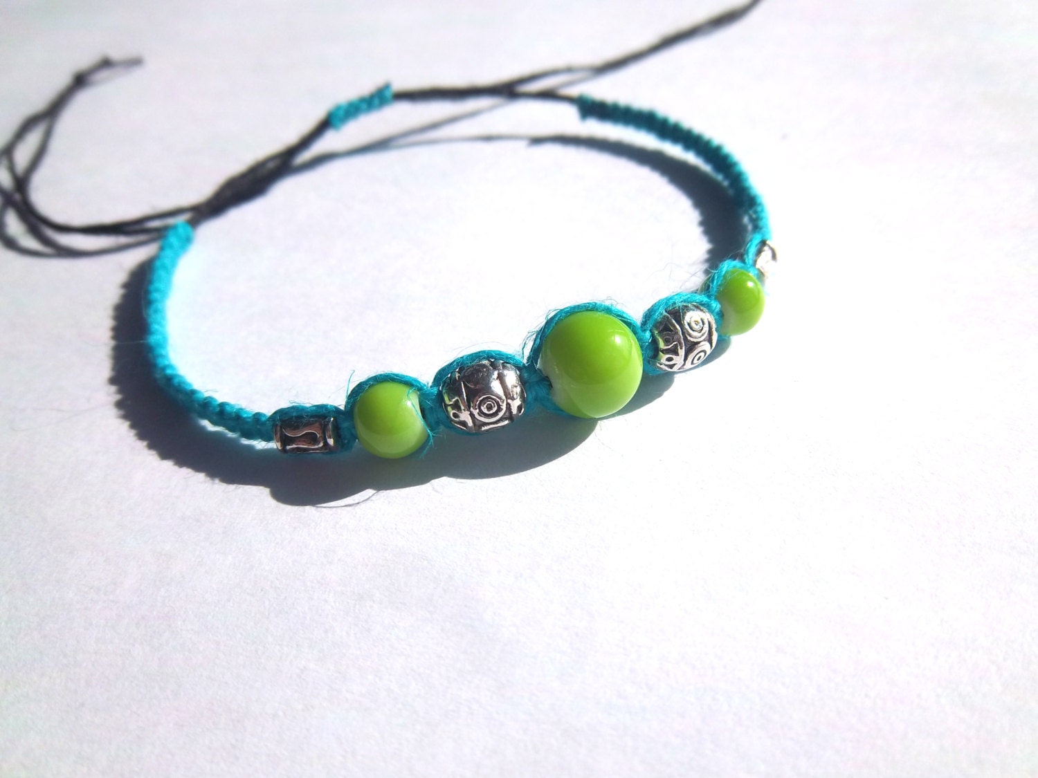 Cyan and Lime Green Adjustable Hemp Bracelet with Pewter Beads