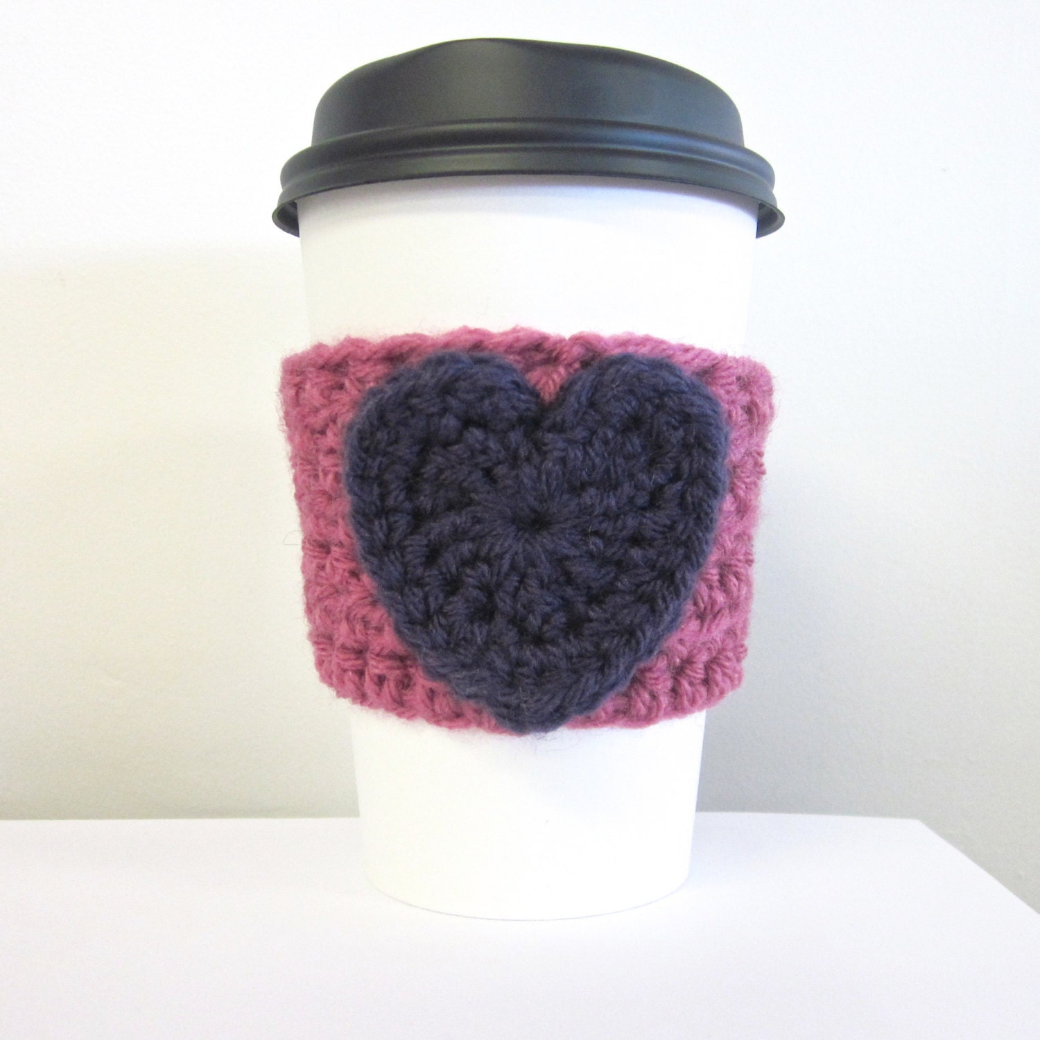 Crochet Cup Cozy Heart Coffee Cup Sleeve in Purple and Pink