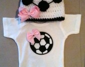 Soccer outfit for baby girls - Soccer onesie w/ bow and matching crochet soccer beanie hat