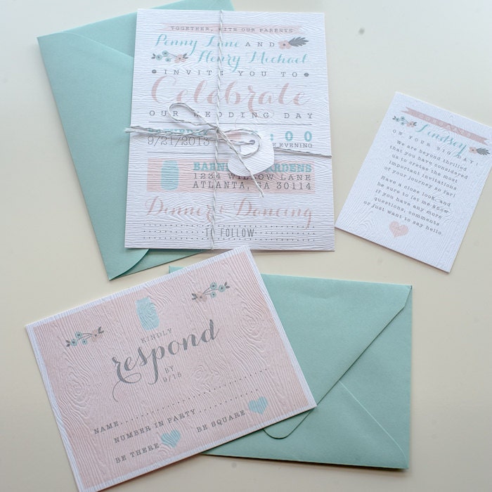 Calligraphy Wedding Invitation / / Rustic Country Wedding / / Wood Grain Paper / / Pink & Turquoise