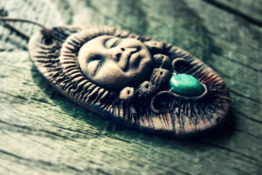 Pendant Zen Child Handcrafted Clay on Leather