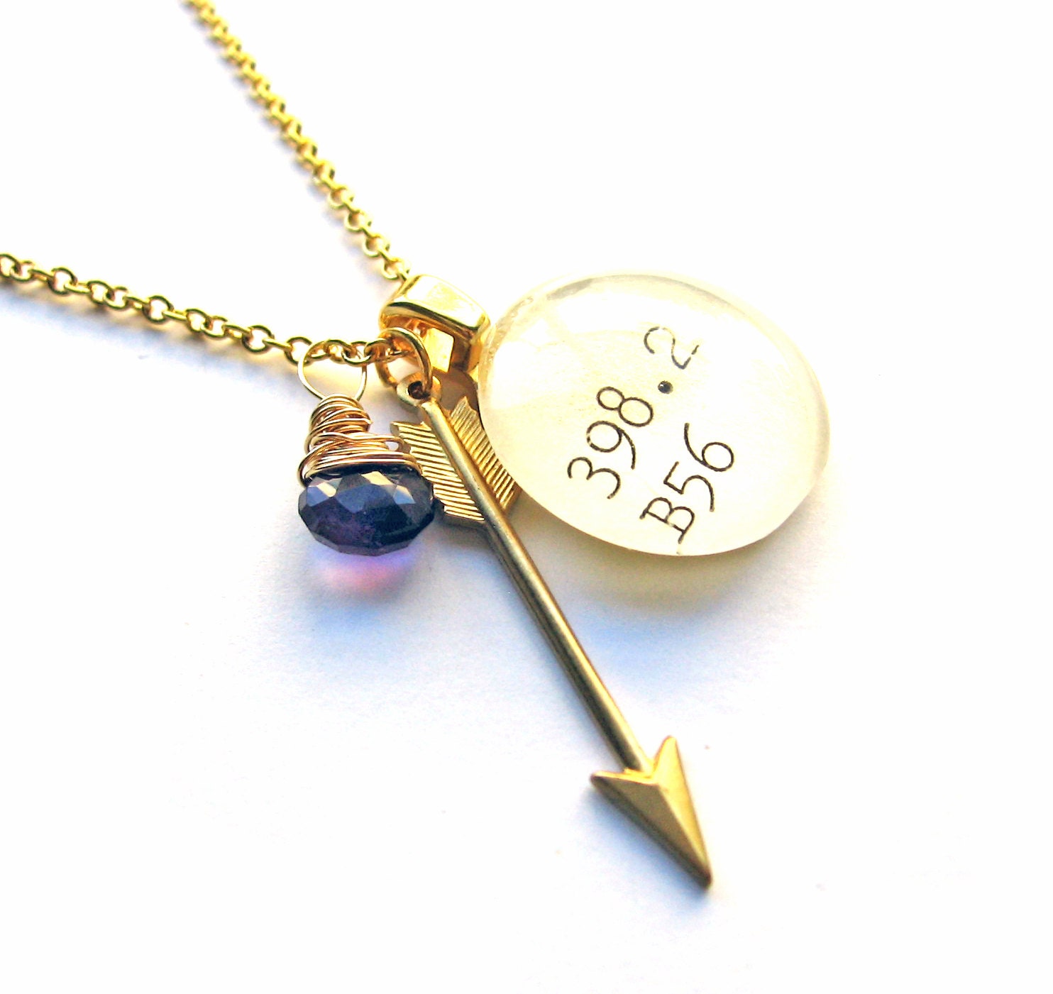Faceted Amethyst Gold Arrow Dewey Decimal Charm Necklace Purple Gemstone February Birthstone