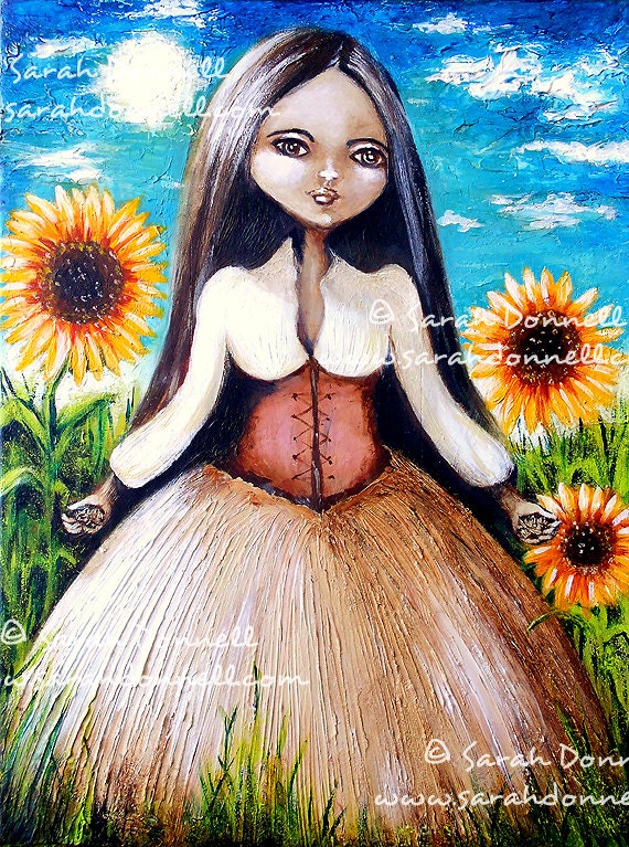 A3 Large Print Original Artwork Blue Sky Sunflower Painting Dress Mixed Media Woman Painting Acrylic on Canvas Portrait - Foundations