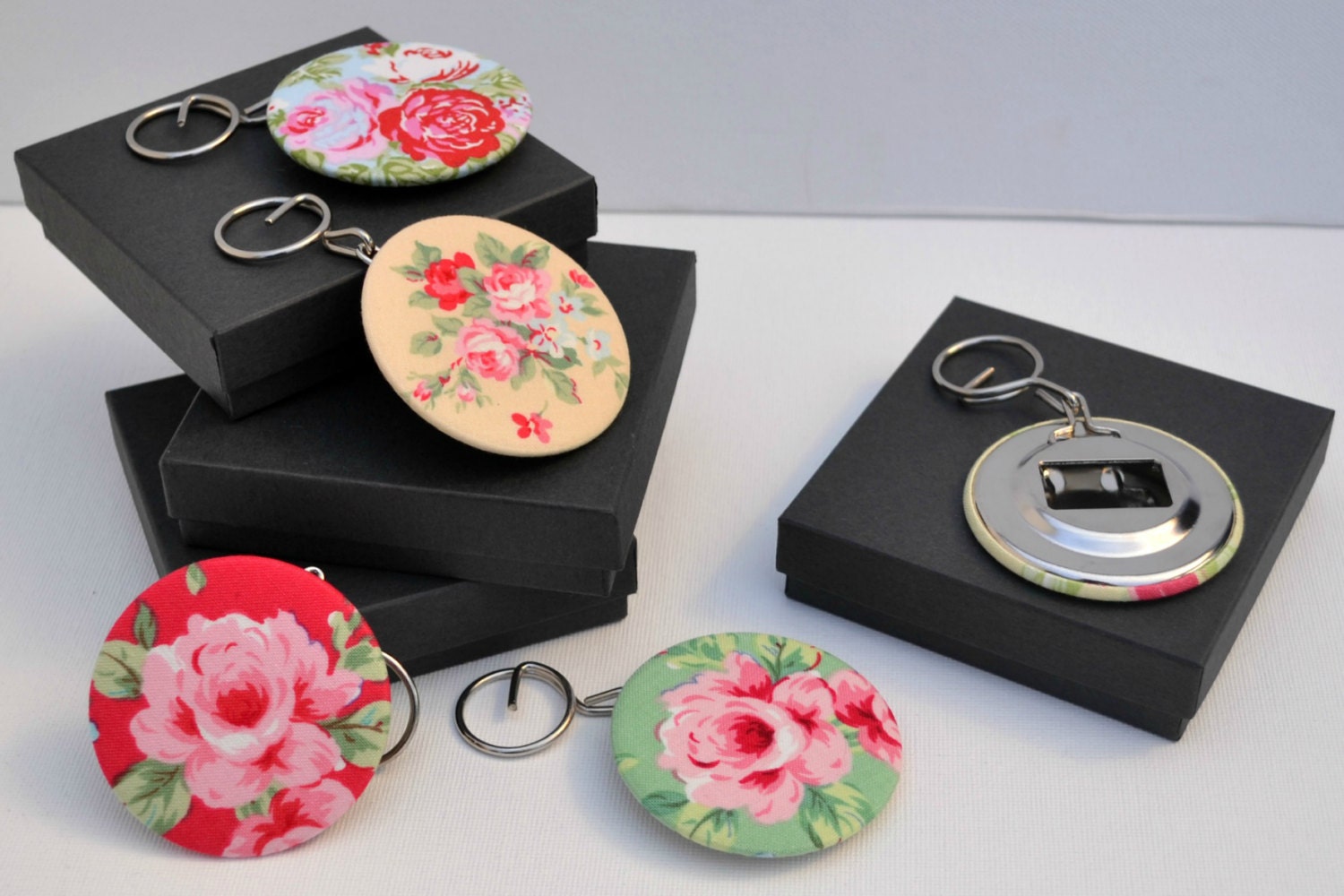 Bottle opener key rings, covered in floral fabric - available in red, green, blue or yellow with recycled gift box