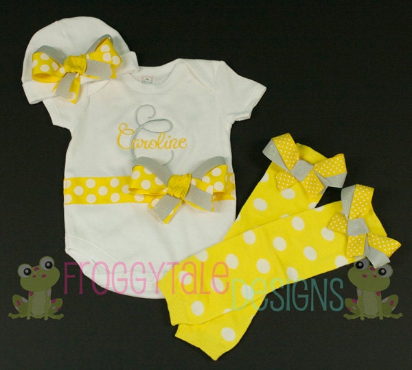 PERSONALIZED Layette Newborn COMING HOME Bodysuit Onesie Beanie and Leg Warmer Set in Yellow and Glitter Grey for Little Baby Girls - Custom