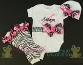 PERSONALIZED Layette Newborn COMING HOME Bodysuit Onesie Beanie and Leg Warmer Set in Zebra Hot Pink for Little Baby Girls - Custom