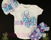 PERSONALIZED Layette Newborn COMING HOME Bodysuit Onesie Beanie and Leg Warmer Set in Lilac and Sky Blue for Little Baby Girls - Custom