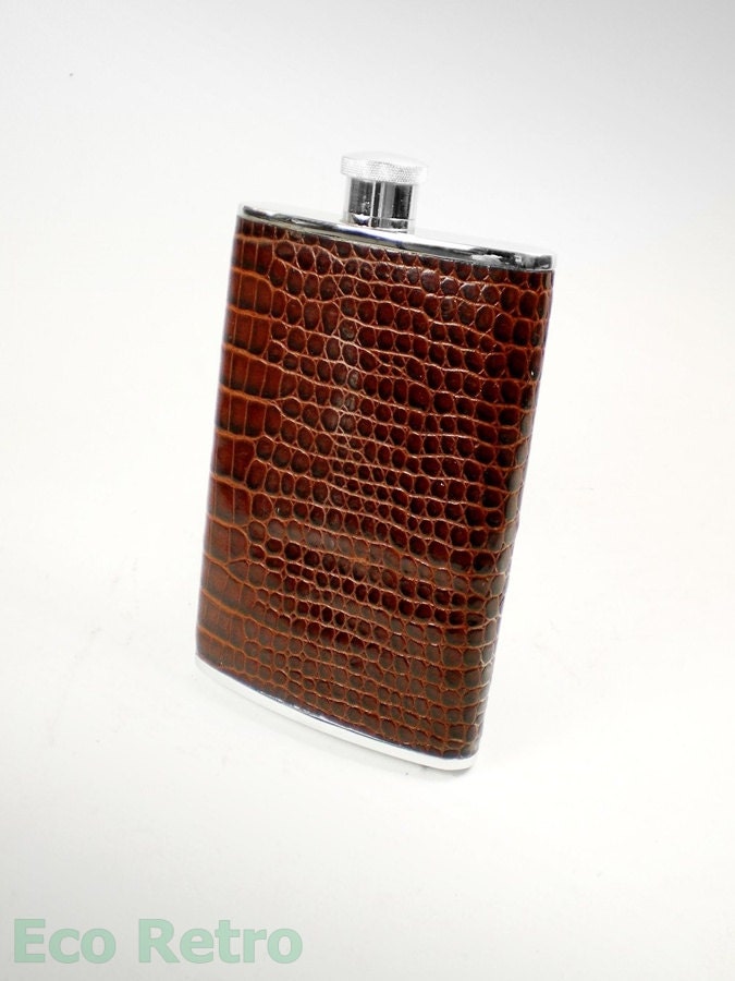 Vintage English 8oz Stainless Steel Hip Flask with Faux Crocodile Skin Covering