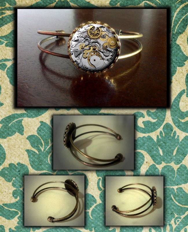Bangle BRACELET vintage image Clock Watch inner Gears Antique Brass with hand pressed flat metal button CABOCHON