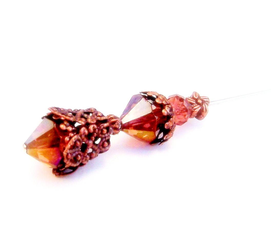 Smoky raisin wine holiday ornament crystal Copper beaded hat pin accessory scarf pin copper filigree fall Autumn gift under 20 tagt tenx