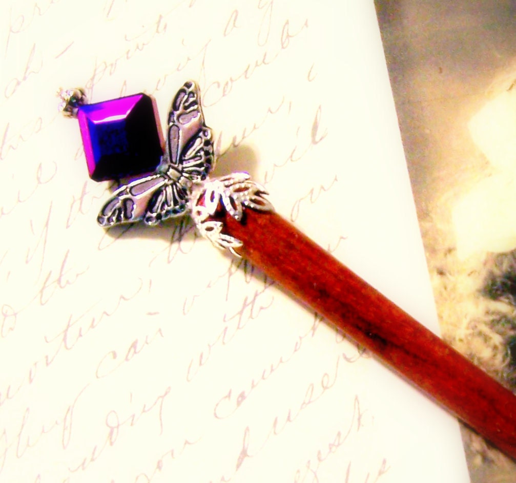 Hair stick accessories beaded accessory deep purple silver iron butterfly Victorian wood chopstick TAGT tenX