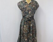 LARGE Vintage Dress 1970s Muted Green and Earth Tones Spring Day Dress