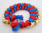 Friendship bracelet - Red and blue woven chain bracelet - Curb chain bracelet