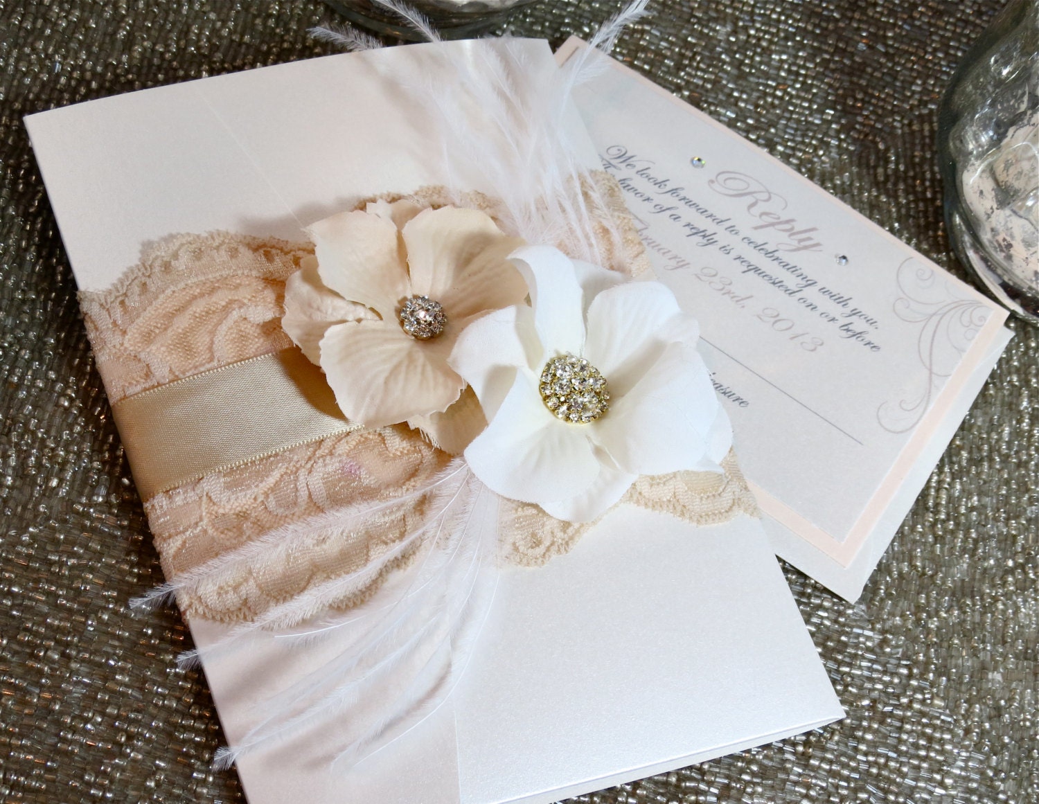 Vintage Glamour Lace Wedding Invitation - customizable - blush and ivory